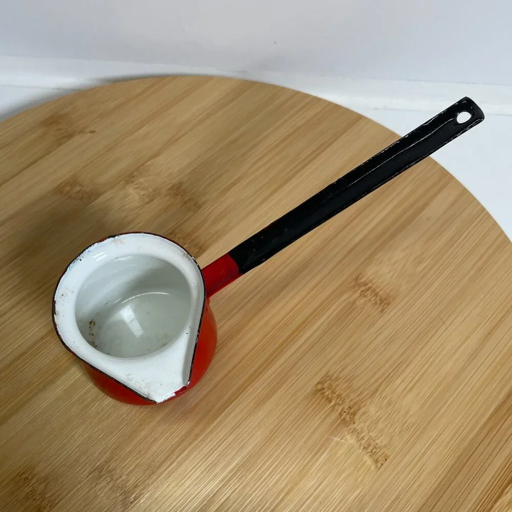 Vintage Red White Enamel Melting Pot Enamelware Butter Syrup Turkish Coffee